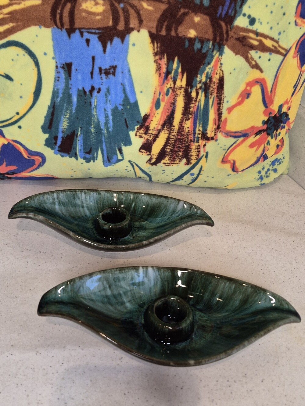 Blue Mountain Pottery BMP Canada Candle Holders Set of 2 Green Drip Glaze